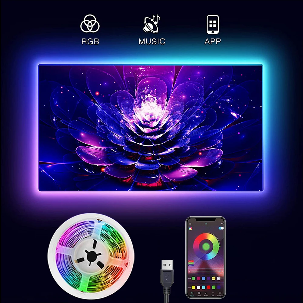 LED 스트립 라이트 블루투스 앱 제어, TV 백라이트, USB RGB LED 테이프, TV PC 배경 홈 파티 벽 장식