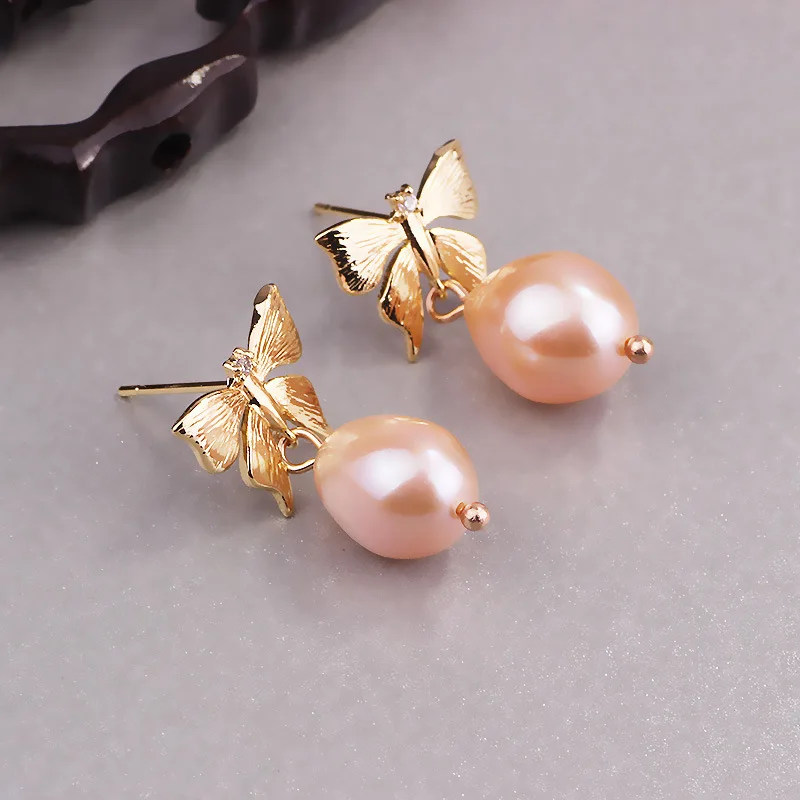 

S925 Silver Needle Baroque Natural Freshwater Pearl 18K Real Gold Earrings