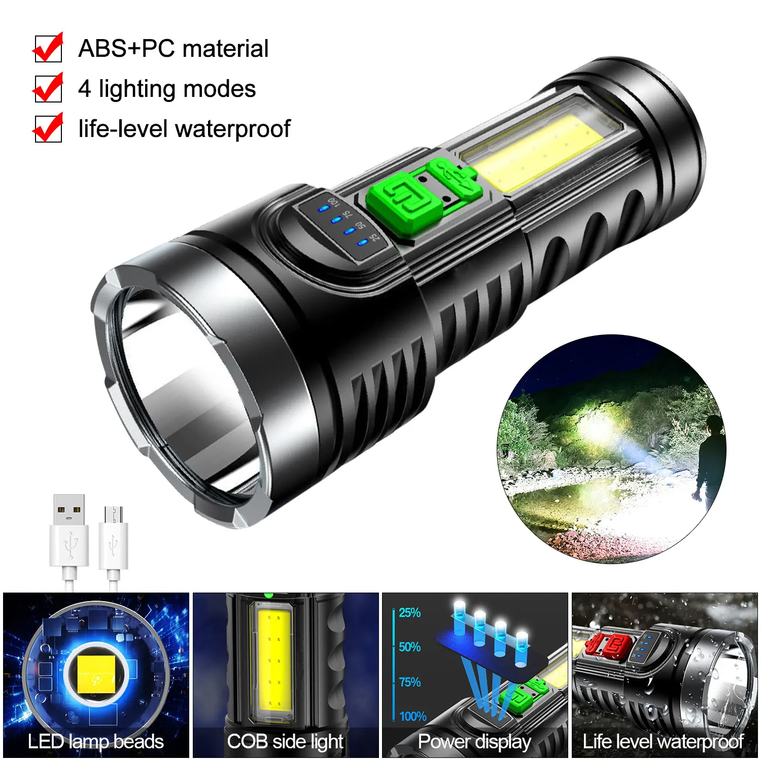Outdoor Multi-function Flashlight USB Rechargeable Torch 4 Modes Tactical Lamp with Side Light LED Light for Camping Hiking