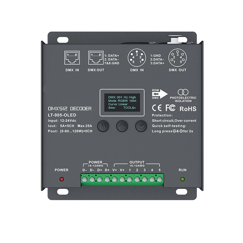 controlador do decodificador do ltech led dmx pwm entrada dc 12v24v 5a canais saida 25a rgb rgbw xlr3 rj45 dmx512 escravo 01