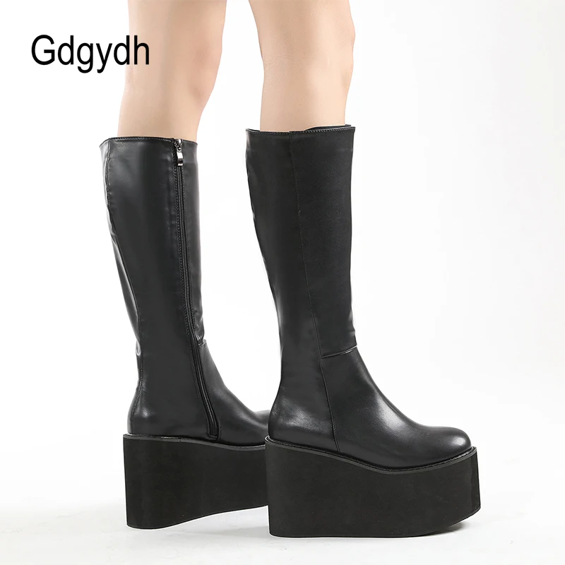 Gdgydh Matte Black Knee High Boots Women Platform Wedges High Heels Thick Bottom Ladies INS Hot Winter Fashion Elegant Drop Ship