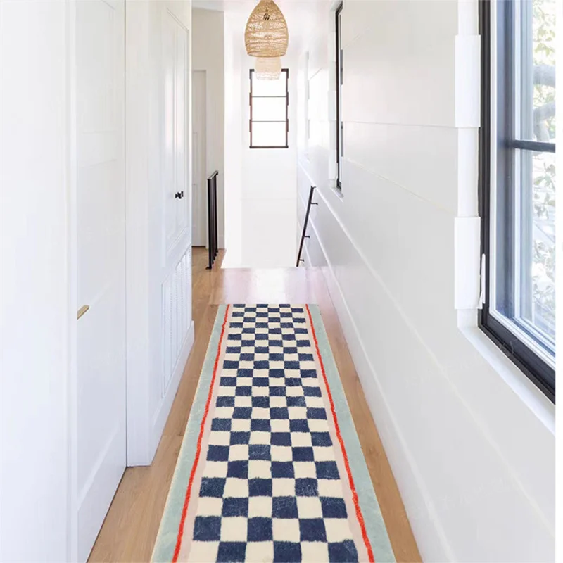 

Simple Checkerboard Carpet Orange Grid Bedside Rug Super Absorbent Bathroom Mat Bedroom Bay Window Mat Green Long Corridor Rug