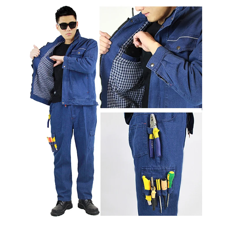 100% Cotton Reflective Welding Denim Work Clothing Men Women Anti-scald Sparking Uniform Safety Repair Durable Workshop Coverall