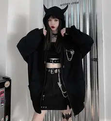 Ruibbit Spring Autumn Women Harajuku Punk Gothic Girls Black Devil Horn Hoodies Sweatshirt Hooded  Japanese Hip Pop Plus Size