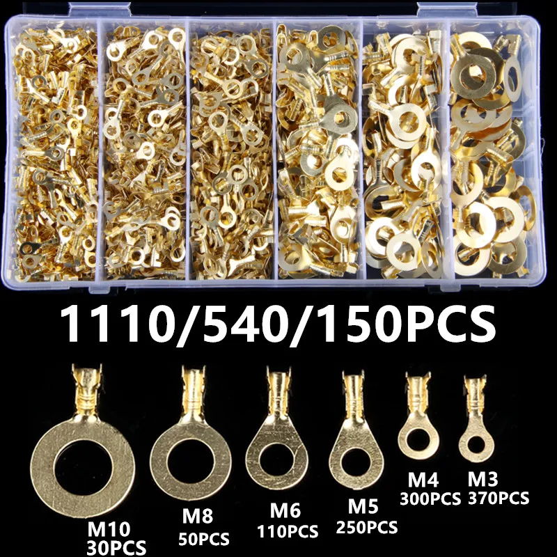 1110/540/150pcs M3/M4/M5/M6/M8/M10 Ring Lugs Eyes Copper Crimp Terminals Cable Lug Wire Connector Non-insulated Assortment Kit