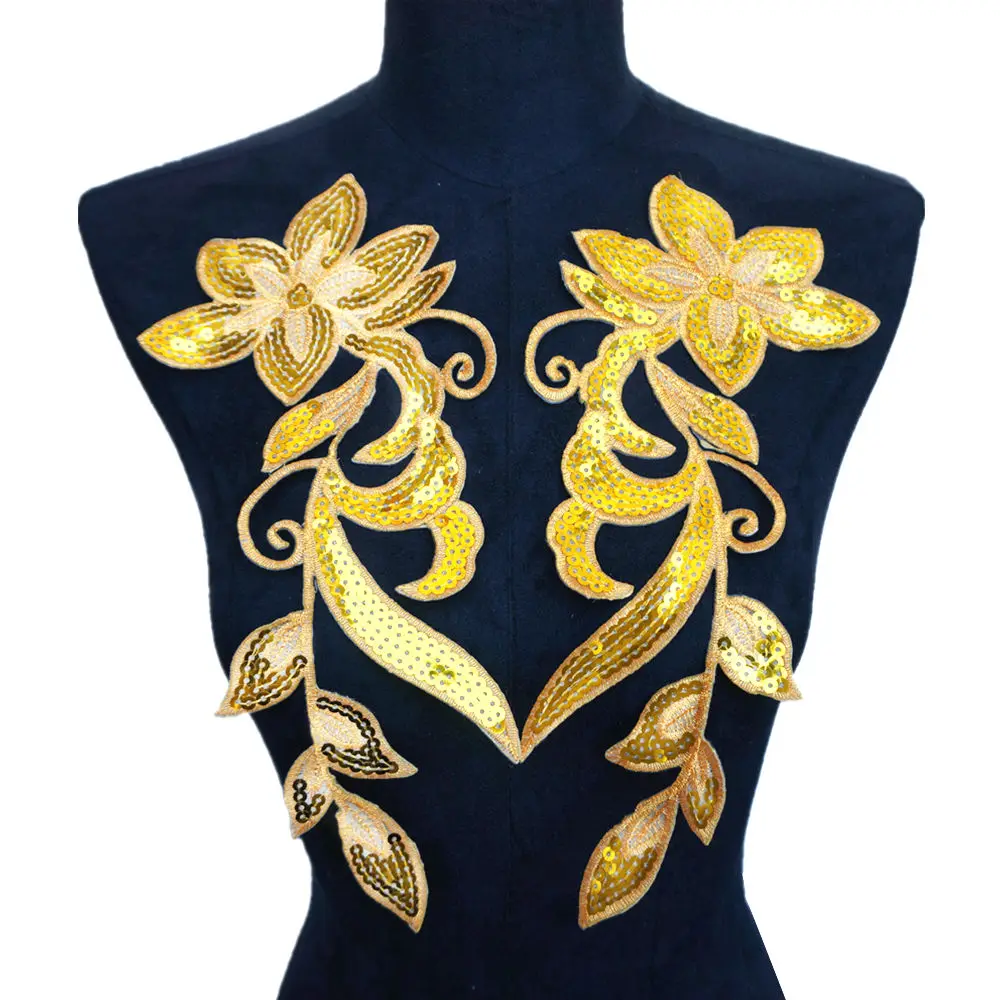 2PCS Gold Silver Sequin Flower Tassel Embroidered Gown Appliques Iron Sew On Patches Fabric Collar For Wedding Decor Dress DIY