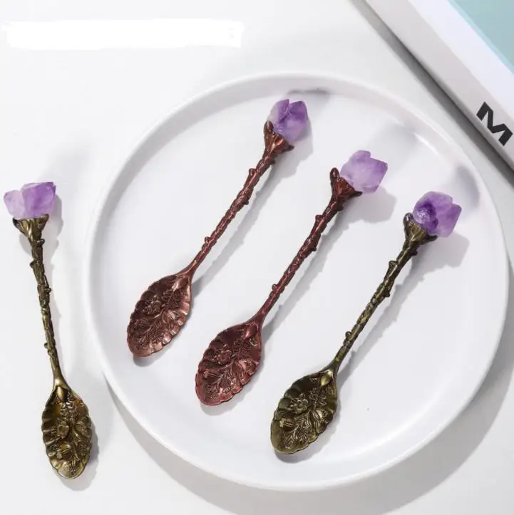 Natural Crystal Spoon Amethyst Hand Carved Long Handle Coffee Mixing Spoon DIY Household Tea Set Accessories SN2095