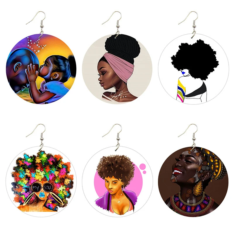 Afro Natural Hair Painted Wood Drop Earrings Lovely Baby Headwrap Woman African Queen Black Soul Art-Printable Jewelry