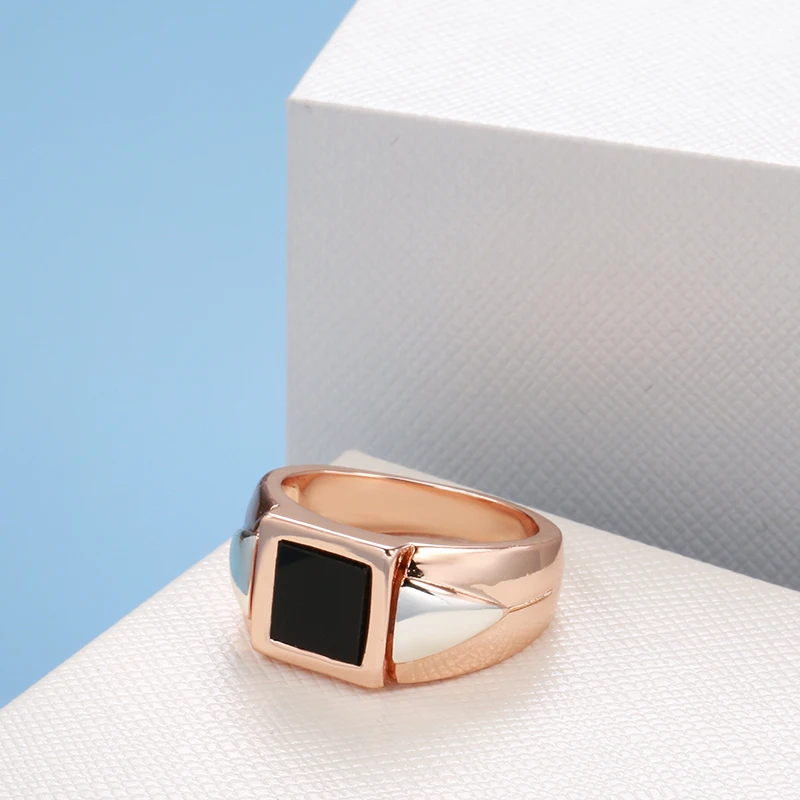 Kinel Hot Fashion Black Stone Men Ring 585 Rose Gold Simple Square Ring For Women High Quality Daily Fine Jewelry