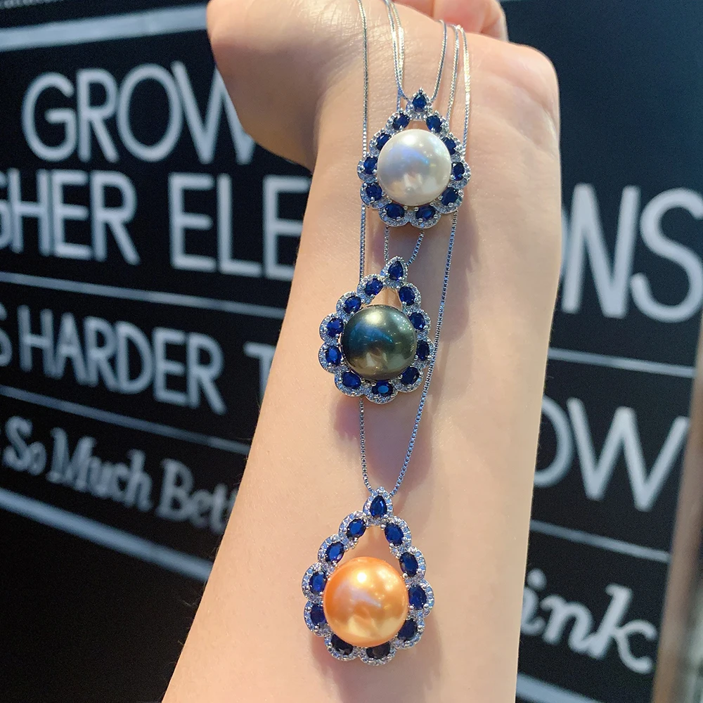 2021 New 14mm White Gold Big Pearl Sapphire Lab Gemstone Pendant Necklace for Women Elegant Anniversary Gift Party Fine Jewelry