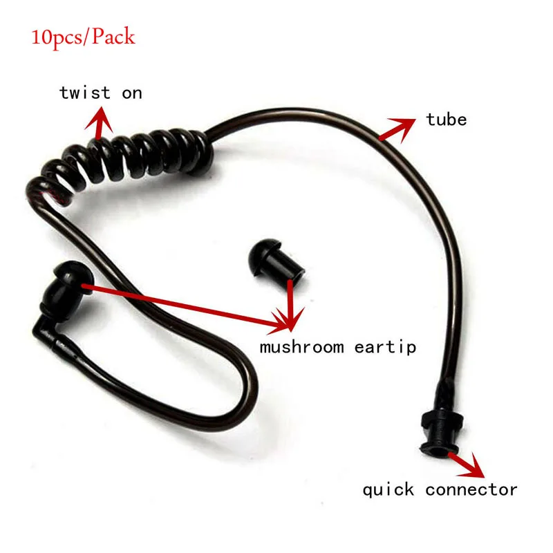 Substituição Black Coil Acoustic Air Tube Earplug, fone de ouvido, Walkie Talkie Headphone, rádio 2-Way, 10 Pcs/Lot