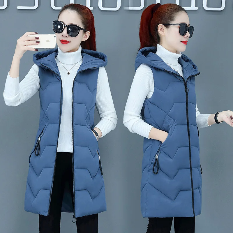 

Fashion New Autumn Winter Long Cotton Vest Women Jacket Female Students Hooded Sleeveless Plus Size Slim Warm Ladies Waistcoat