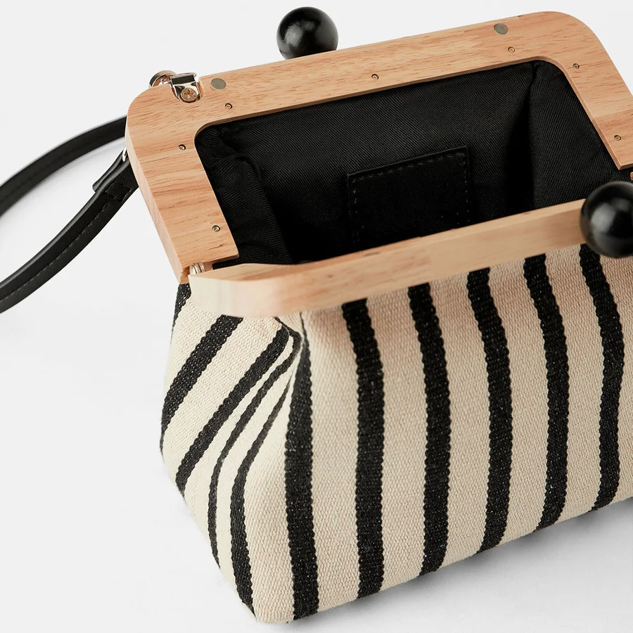 Retro Striped Wooden Clip Shell Bags for Women Messenger Bag Canvas Bead Shoulder Crossbody Bags Ladies Clutch Purse Bolsa Mujer