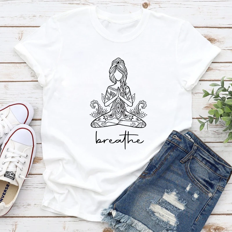 Breathe Meditation Girl T-shirt Boho Yoga Workout Tshirt Funny Women Graphic Namaste Top Tee Shirt