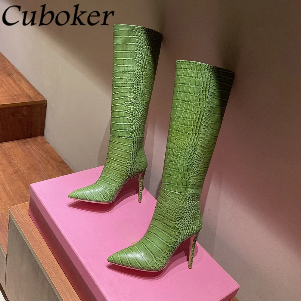 

Pointed Toe Women High Heel Long Boots Brand Designer Genuine Leather Serpentine Knee High Female Knight Boots 2021 Boots Women