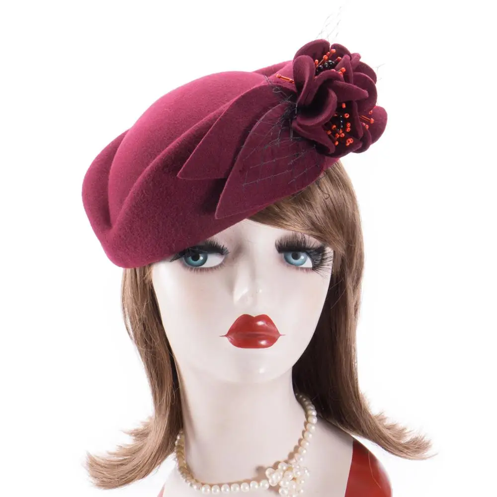 Winter Hats for Women Fascinators Pillbox Bere 100% Wool Felt Formal Dressy Cap Cocktail Church Wedding Bridal A131