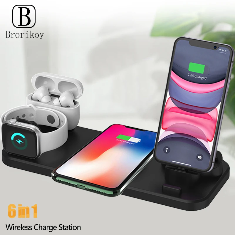 

6 in 1 Wireless Charger Stand Mobile Phone Quick Charge Dock Micro USB Type-C for iPhone iWatch 5 4 3 Airpods Wireless Charging