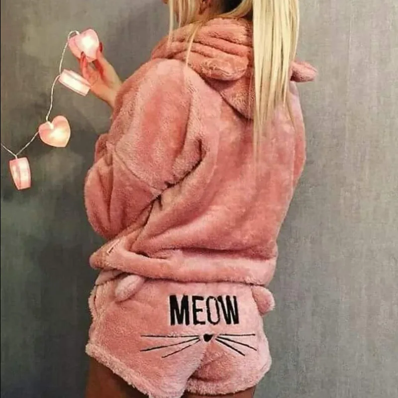 2020 Winter New Womens Flannel Pajamas Set Cute Bear Hooded Pajamas Warm Coral Fleece Sleepwear Hoodie+Short Tow 2pcs Suit