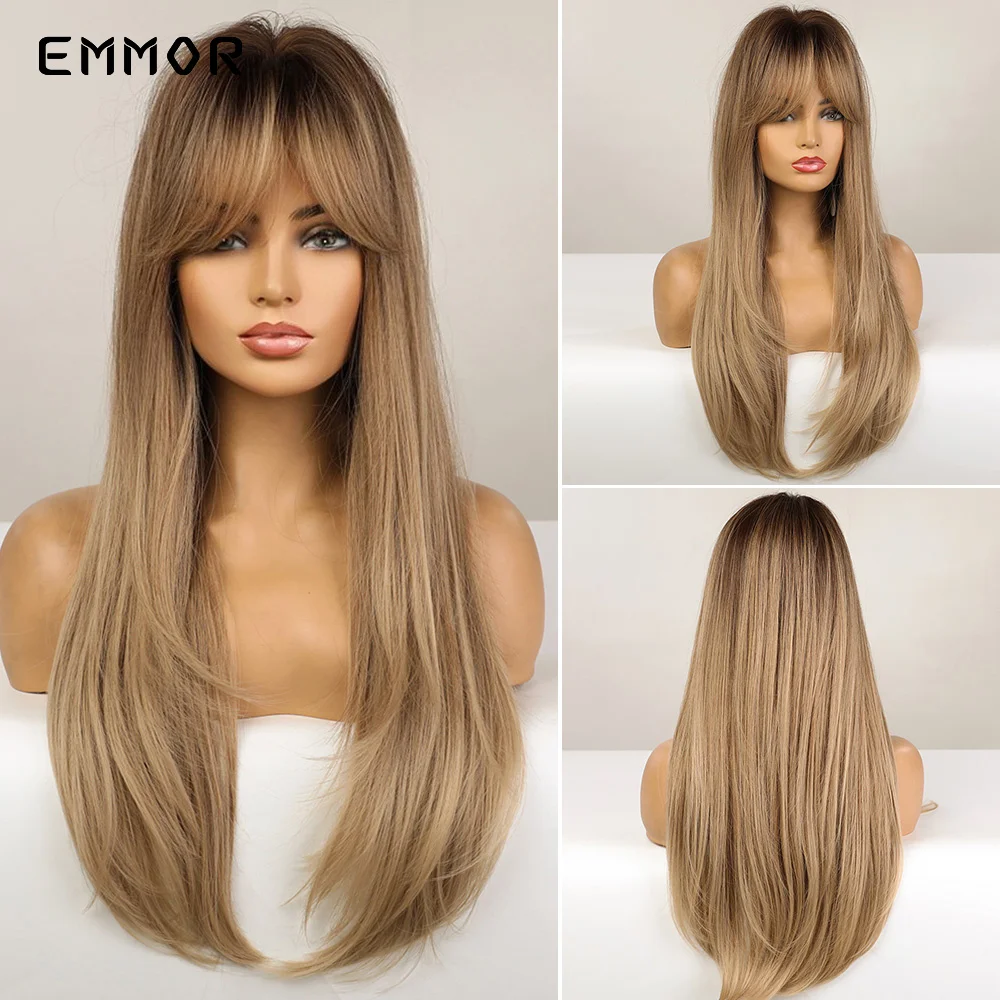 Emmor Synthetic Hair Wigs with Bangs Long Straight Wigs for Women Heat Resistant Ombre Black Brown Golden Blonde Cosplay Wigs