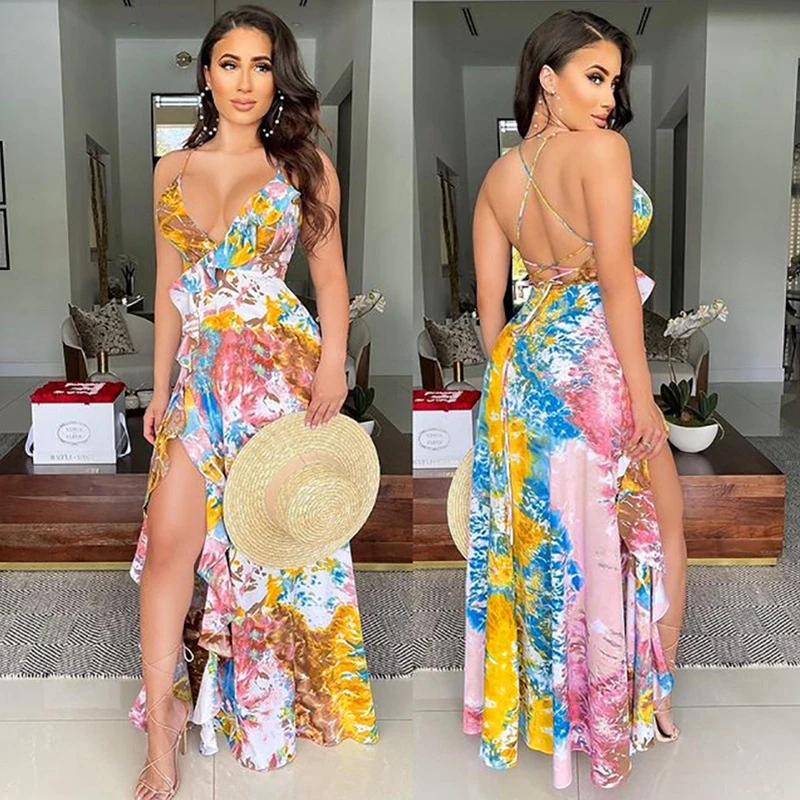 

2021Floral Printed Summer Long Maxi Dress Sexy Deep V Neck Spaghetti Strap Floor Length Ruffle High Split Vocation Beach Dresses