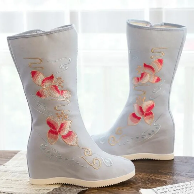 Autumn Woman Vintage Mid-Calf Boots Floral Embroider Height Increased Ladies Booties Ethnic Dancing Shoes for Women Zip Boot