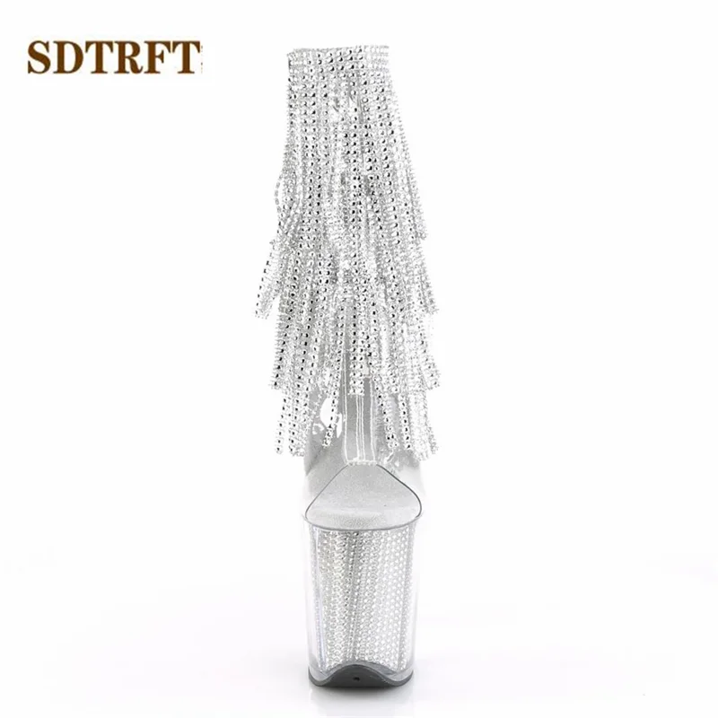 SDTRFT Stilettos 20cm Thin Heels Ankle boots transparent Platforms shoes Woman Rhinestone Tassels Botas Mujer Sequined pumps