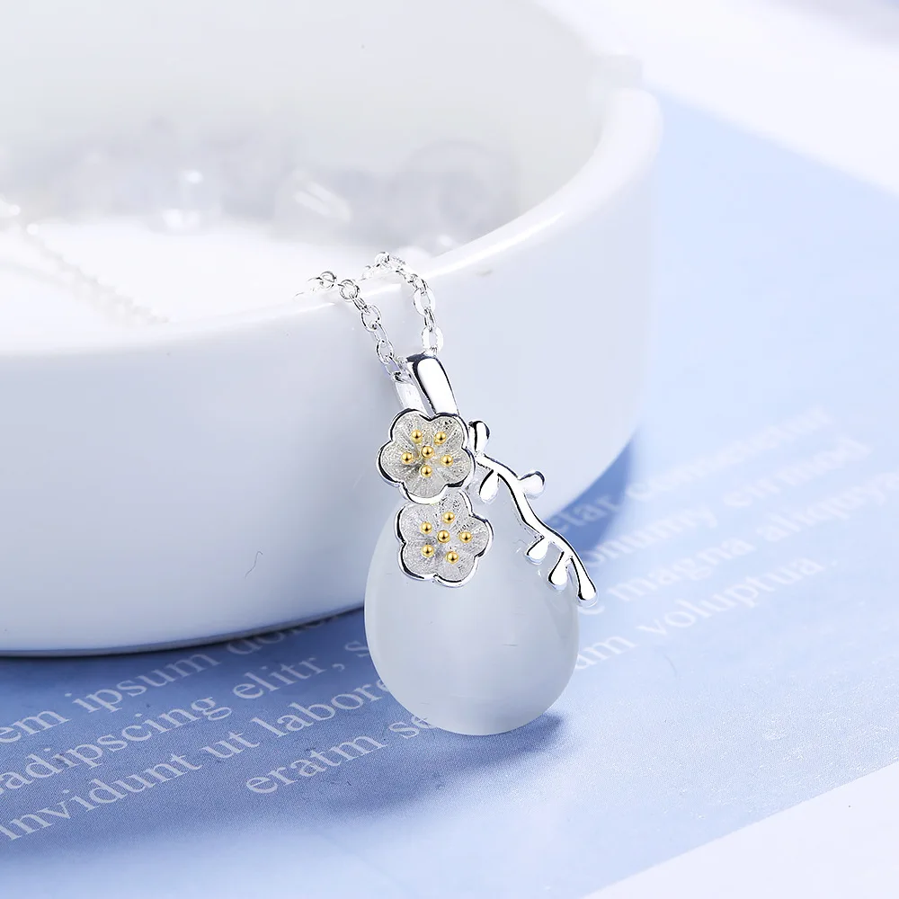 925 Sterling Silver Water-Drop Shaped Love Angle Tear Moonlight Opal Blossom Cherry Flower Pendant Necklace For Women choker