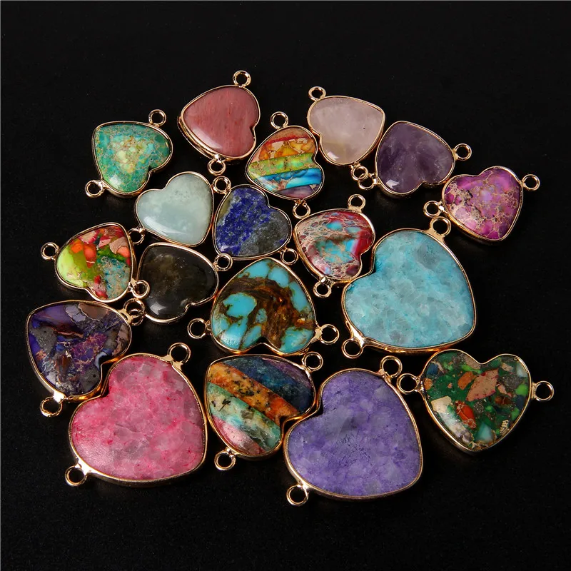 New Arrival Natural Stone Crystal Pendant Charm Heart Shape Connector Pendants For Jewelry Making Supplies DIY Necklace Bracelet