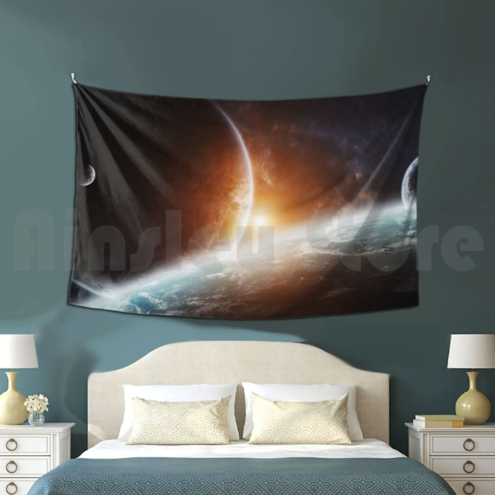 Fantasy Sunset In The Open Space Tapestry Living Room Bedroom Space Cosmos Universe Galaxy System Sun Solar Planet Planets