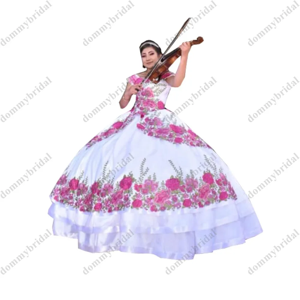 Incrível fúcsia 3d floral flores vestido de baile branco 2023 barato quinceanera vestido com tampa manga espartilho cocktail vestidos de noite