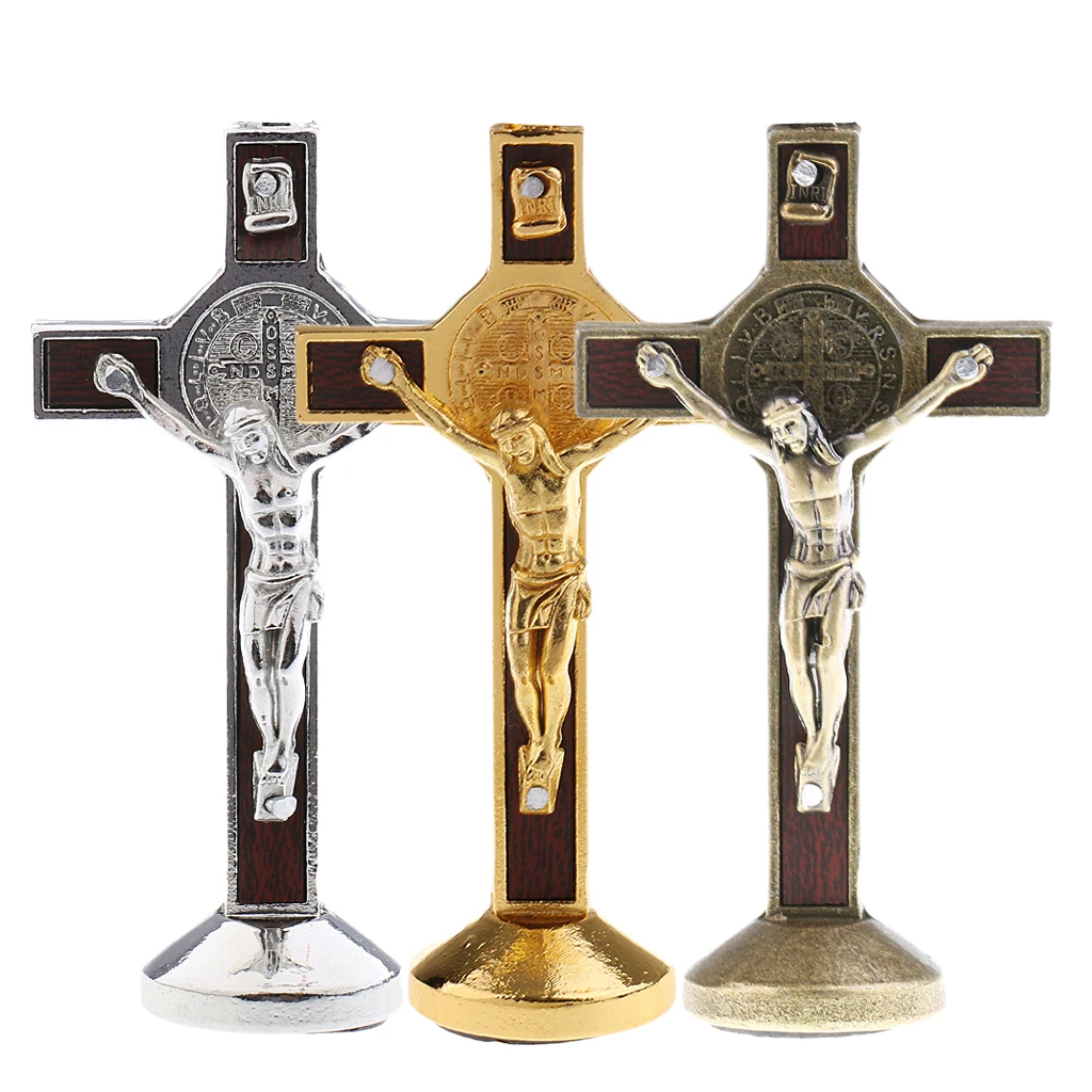 9cm Metal Crucifix Cross Statue Jesus Christ Model with Sticky Base Christian Crucifix Catholic Home Desktop Decoration