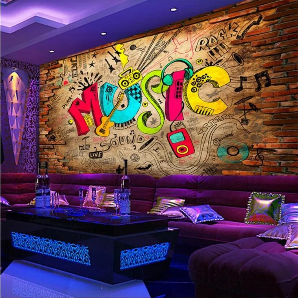 Customized 3D printed wallpaper, trendy retro style music themed graffiti murals