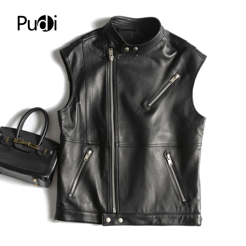 Pudi Women Genuine Leather Jacket Vest Waistcoat 2021 Spring Female Real Sheep Leather Jackets Coats CT111