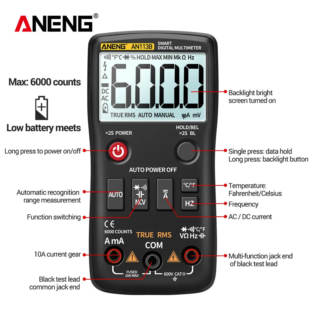 Digital Multimeter True RMS with Temperature Tester AN113B  6000 Counts Auto-Ranging AC/DC Transistor Voltage Meter