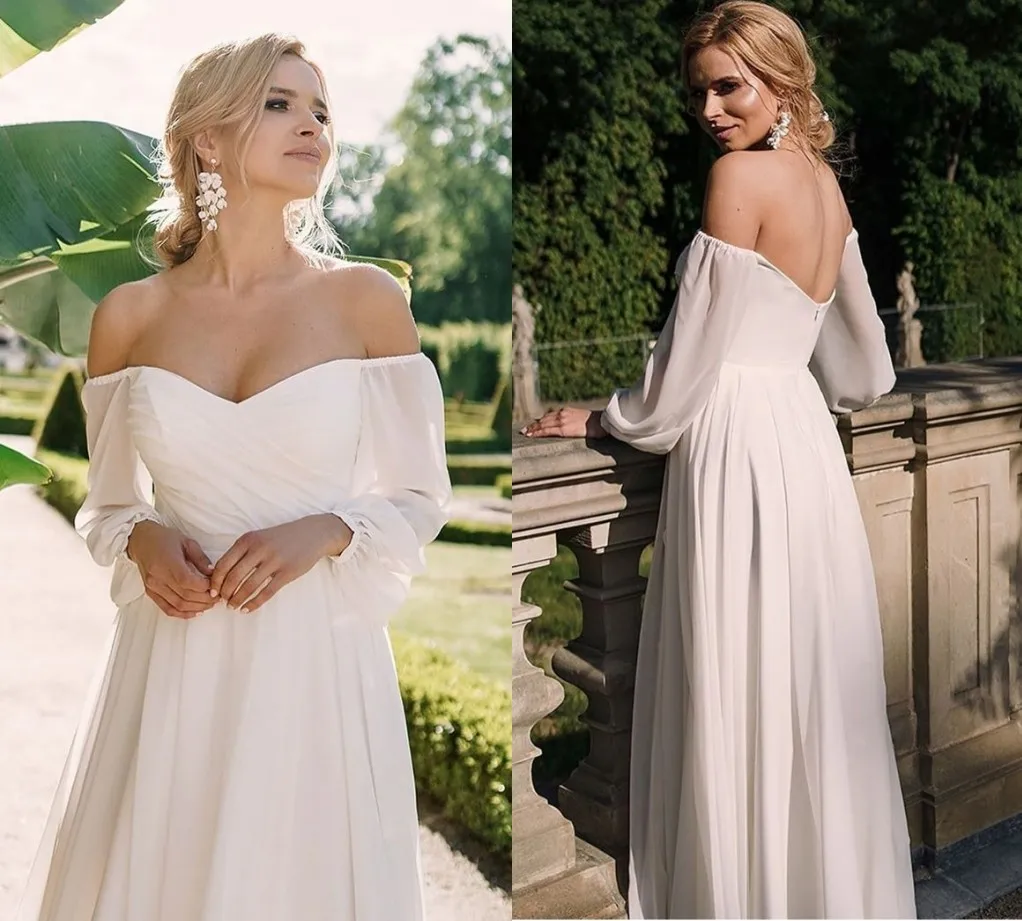 

Mariee New Wedding Dress 2021 Chiffon Off Shoulder Long Sleeve Floor Length Simple Beach Bridal Gown Low Back Cheap