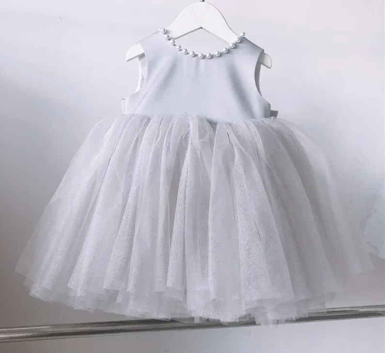 Gray Tulle Flower Girls Baptism Dress Summer Baby Girl Princess Wedding Gown Beads Infant 1 Year Birthday Christening Clothes