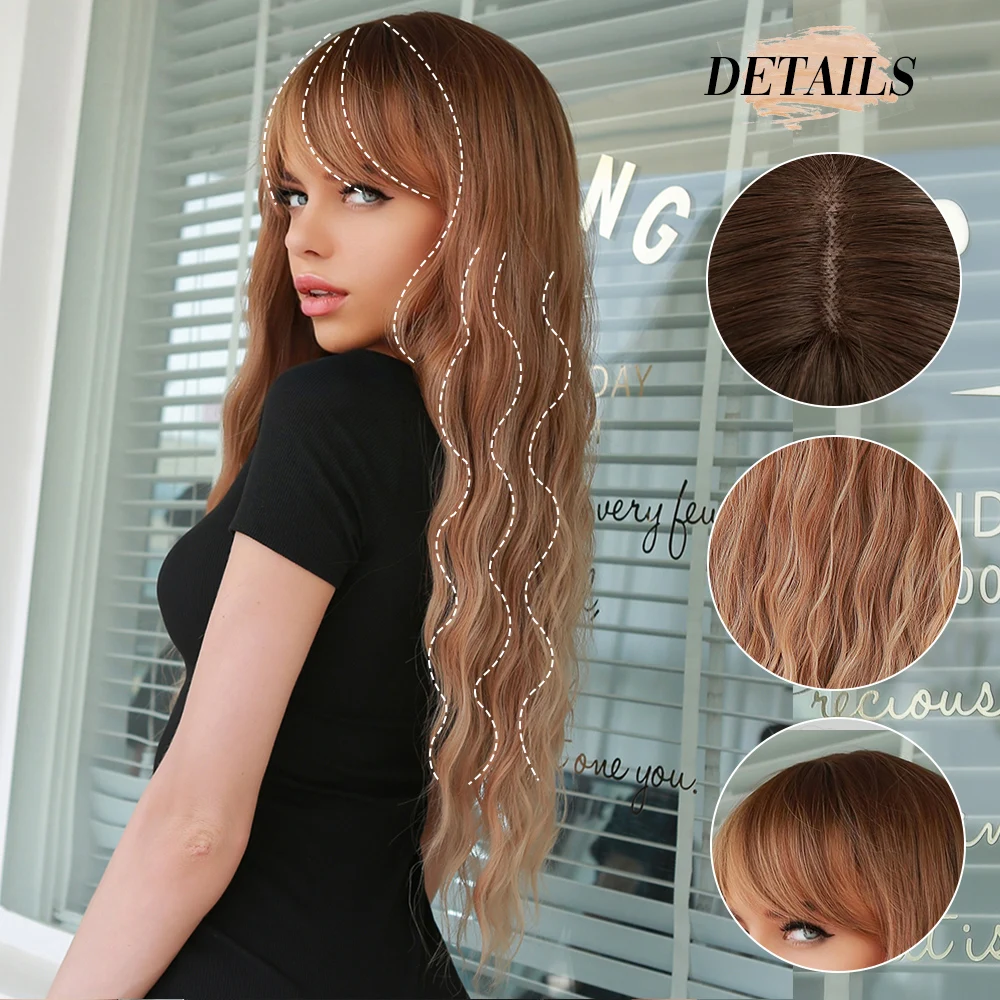 oneNonly Long Brown Blonde Wigs with Bangs Water Wave Heat Resistant Wavy Hair Synthetic Wig for Women Daliy Natural Lolita