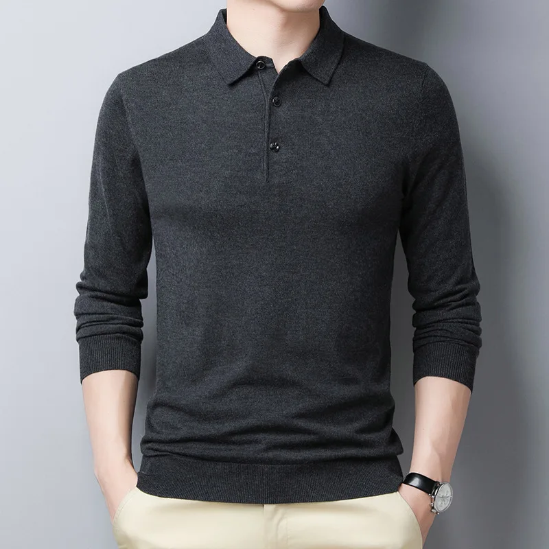 High Quality Silk And Wool Polo Men Long Sleeve Top Casual Warm Polos Shirts Black Luxury Brand Shirt Man Poloshirt Winter 2021