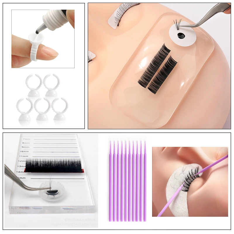 False Eyelash Extension Training Kit Practice Model Head Eye Pads Tweezers Glue Ring Brush Grafting Eyelash Tools Kit