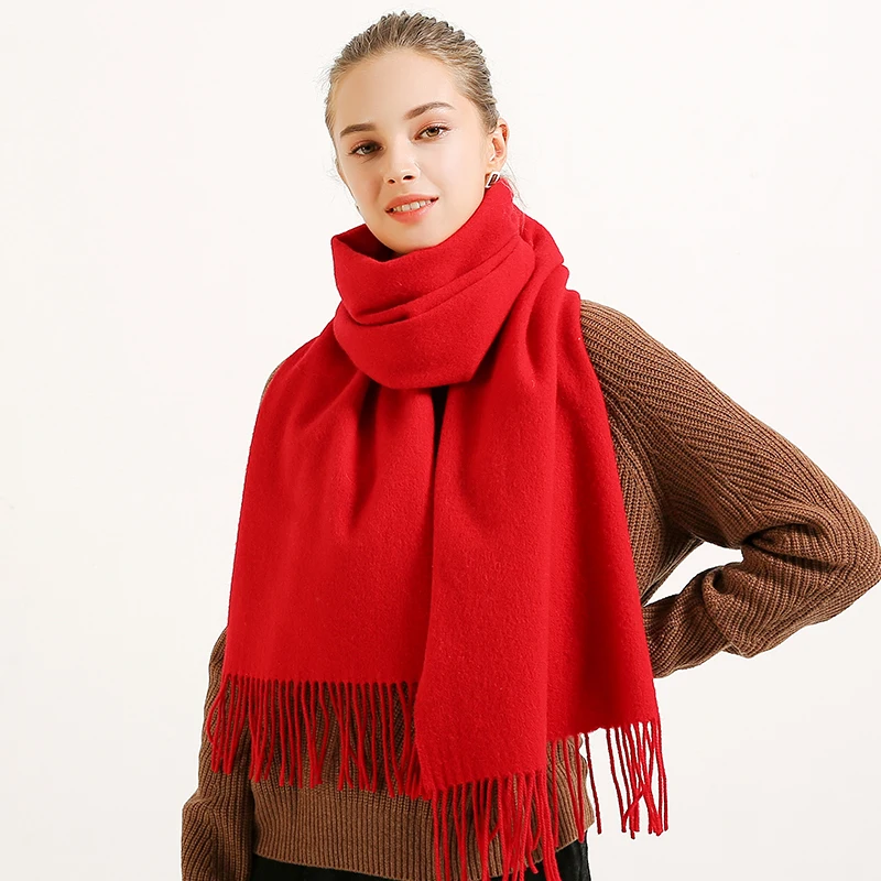 100% Pure Wool Scarf Women Winter Solid Dark Red Wool Shawls and Wraps for Ladies Pashmina Tassel Cashmere Scarves Foulard Femme