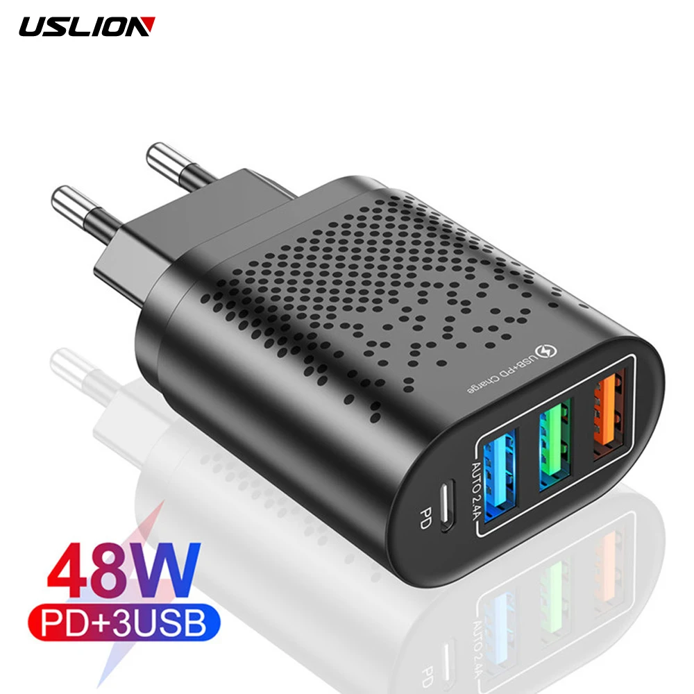 USLION 48W USB C Charger Type C Quick Charge QC4.0 QC3.0 PD 4 Port USB-C Charger USB Fast Charging For iPhone 14 Pro Max Macbook