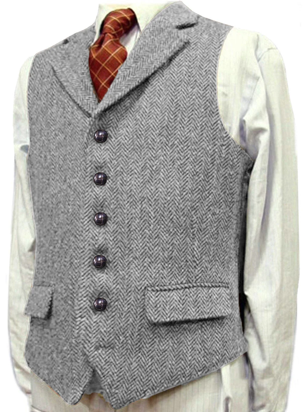 Mens Vest Casual Tweed Wool Slim Fit Notched Lapel Grey/Brown/Black Classic for Wedding Groomsmen Herringbone Men Waistcoat