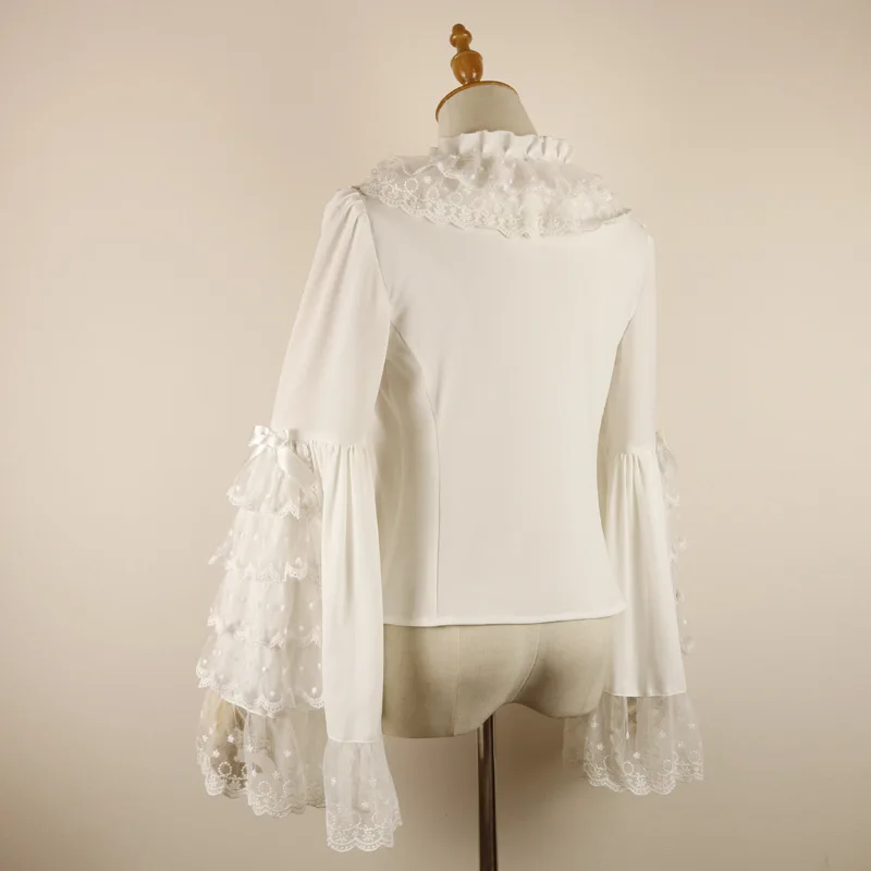 White Lace&Chiffon Ruffle Neck Flare Sleeve Sweet Lolita Blouse Victorian Steampunk Top Gothic Clothes Vintage Blouses For Women