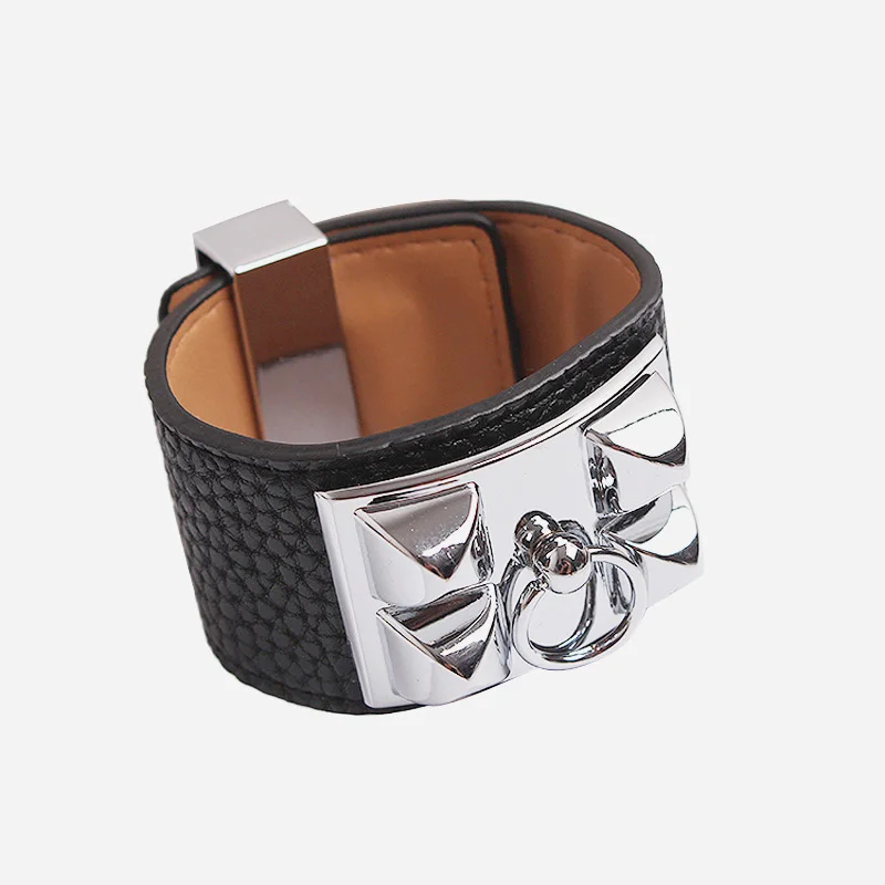 High Quality Punk Style Silver Gold Color Stainless Steel Rivet Design Wide PU Leather Bangle For Men Women Hot Brand Jewelry