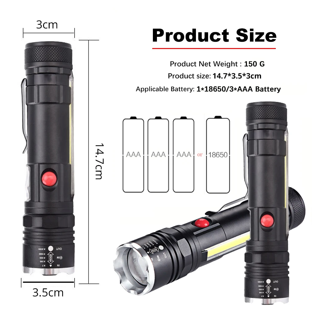 Powerful T6 LED Flashlight COB Work Light with Magnet USB Tactical Torch 4 Modes Waterproof Fishing Lantern 18650 Zoom Lamp