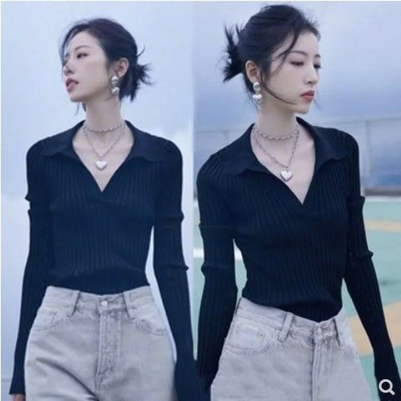 

Free Size Ladies Temperament V-neck Sweater Top Niche Design Sense Is Thin Polo Shirt Sweater Pullover