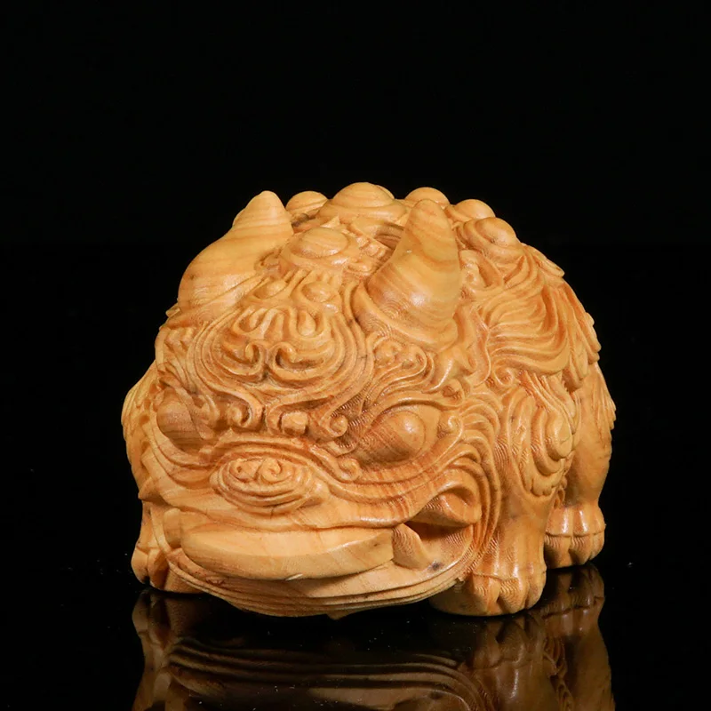 Four-Footed Toad Sculpture with Copper Coin, Hand-Crafted Wood Artistry for Prosperity, A Must-Have Feng Shui Element for Home