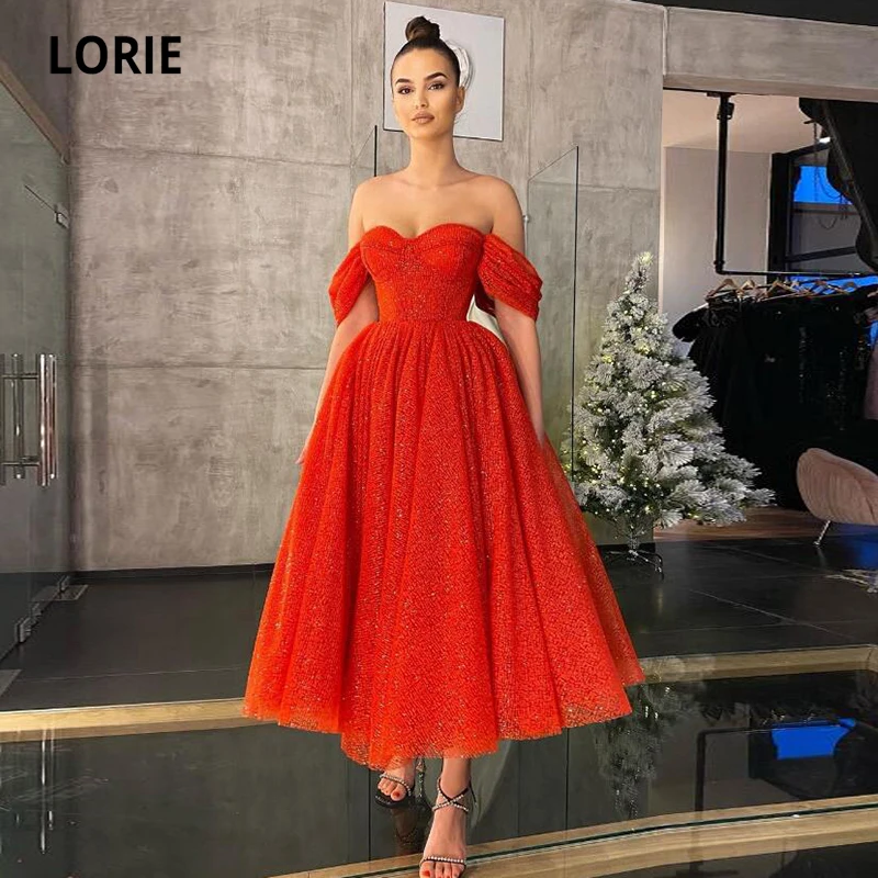 LORIE Glitter Prom Dress Red Off the Shoulder Tea Length Shiny Celebrity Wedding Party Dress for Graduation vestidos de fiesta