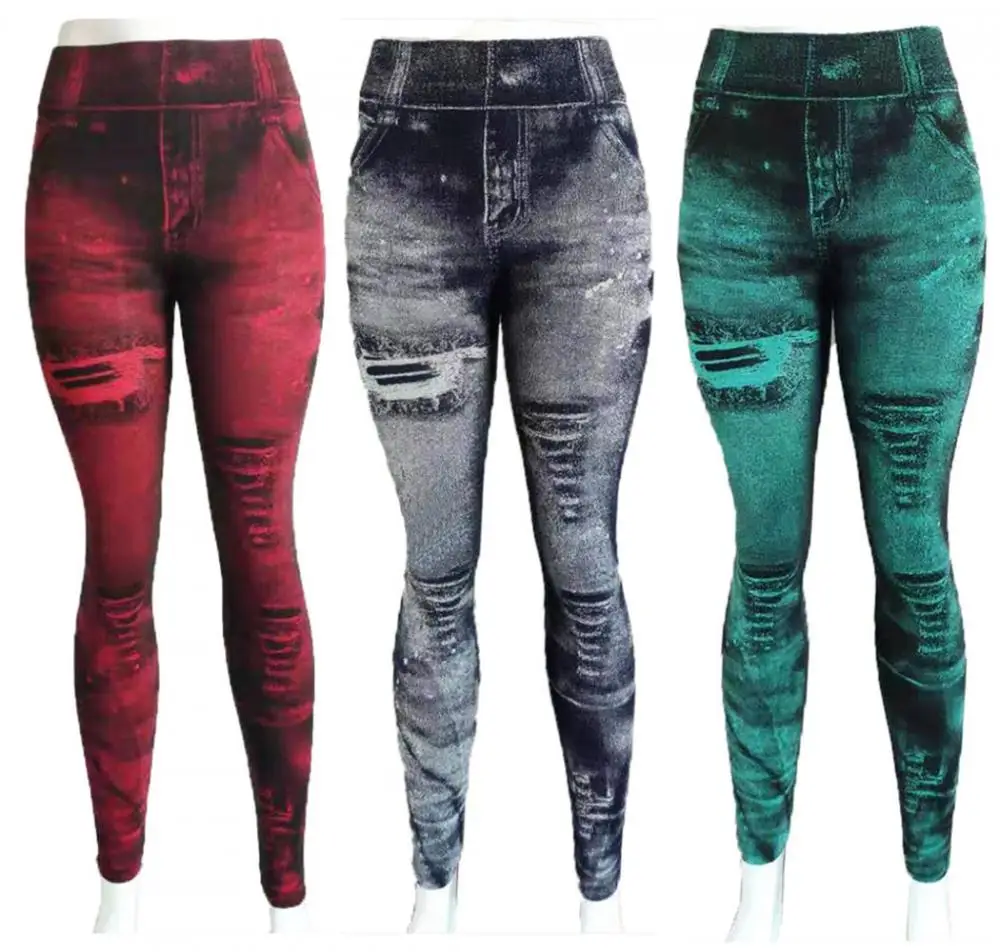 Slim Wanita Legging Faux Denim Jeans High Waist Elastis Kebugaran Celana Olahraga Legging Gym Latihan Berjalan Push Up Celana