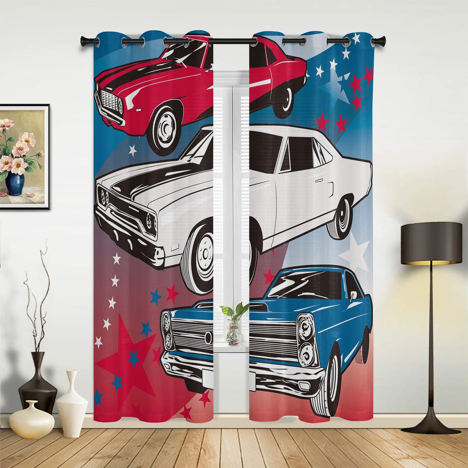 Car America Travel Retro Kitchen Curtain Kids Bedroom Living Room Balcony Outdoor Fabric French Windows Curtain Pergola Bathroom